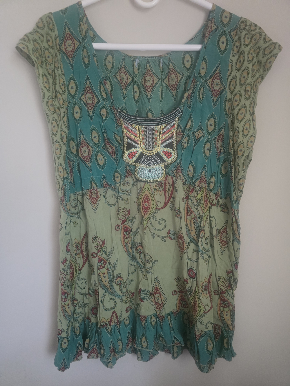 One World, Green & Teal Printed Women's Boho Top, 2xl